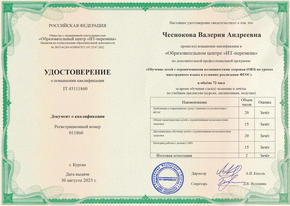 Удостоверение о повышении квалификации