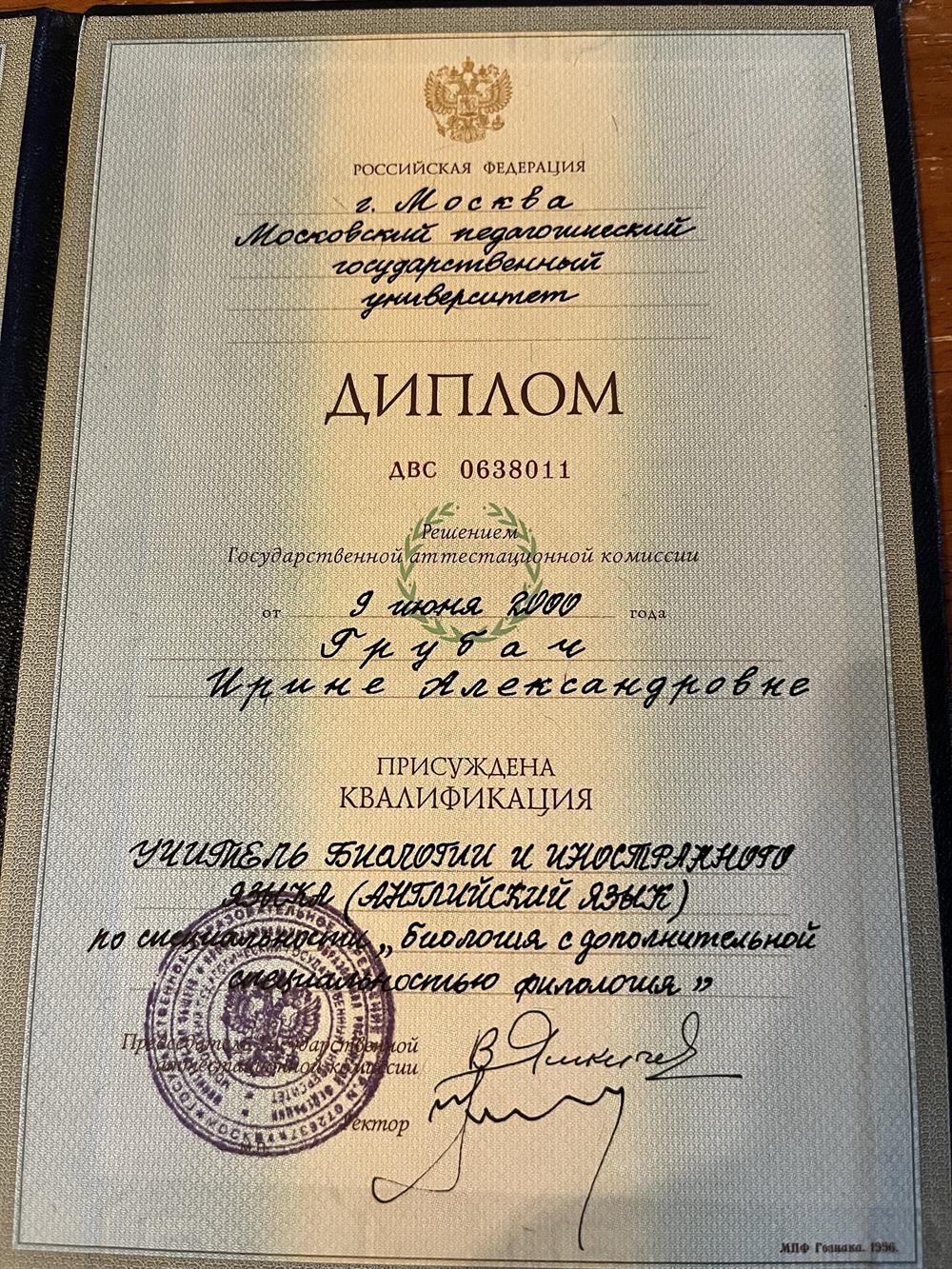 диплом об окончании Университета 