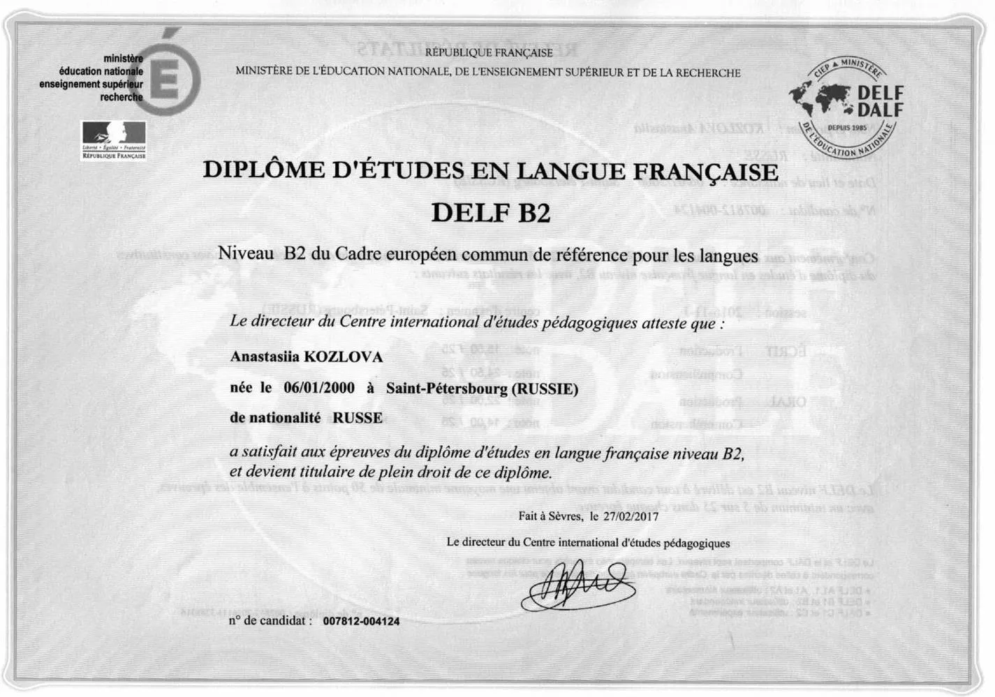 Diplome d'Etudes en Langue Francaise, DELF B2