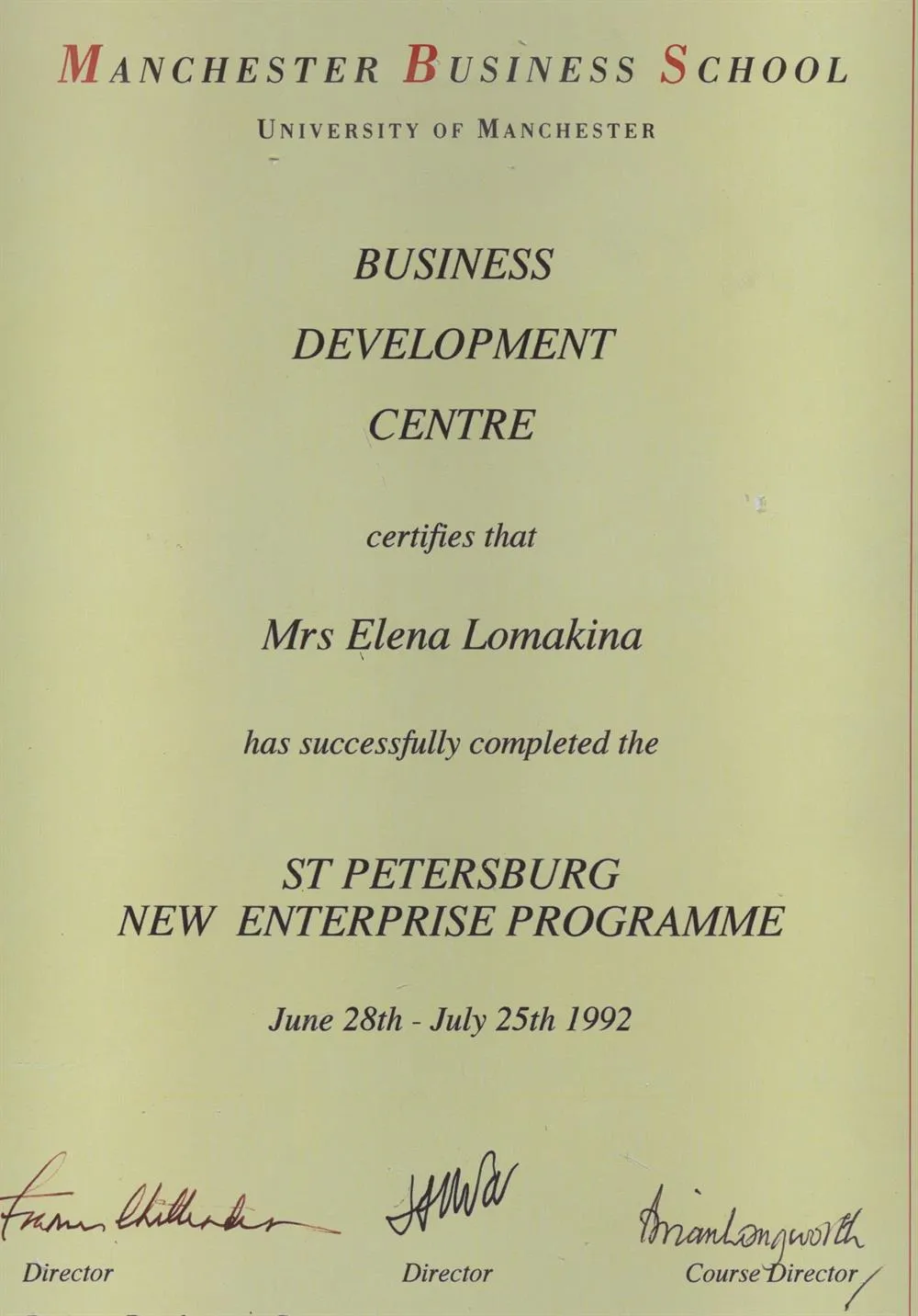Certificate Manchester Business School