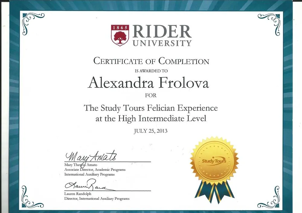 Certificate of Completion by Rider University