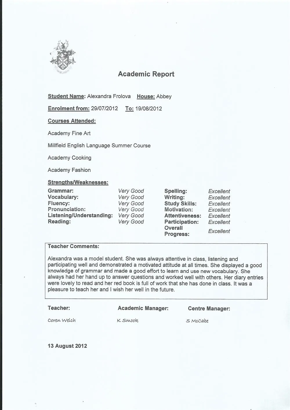 Academic report by Millfield University
