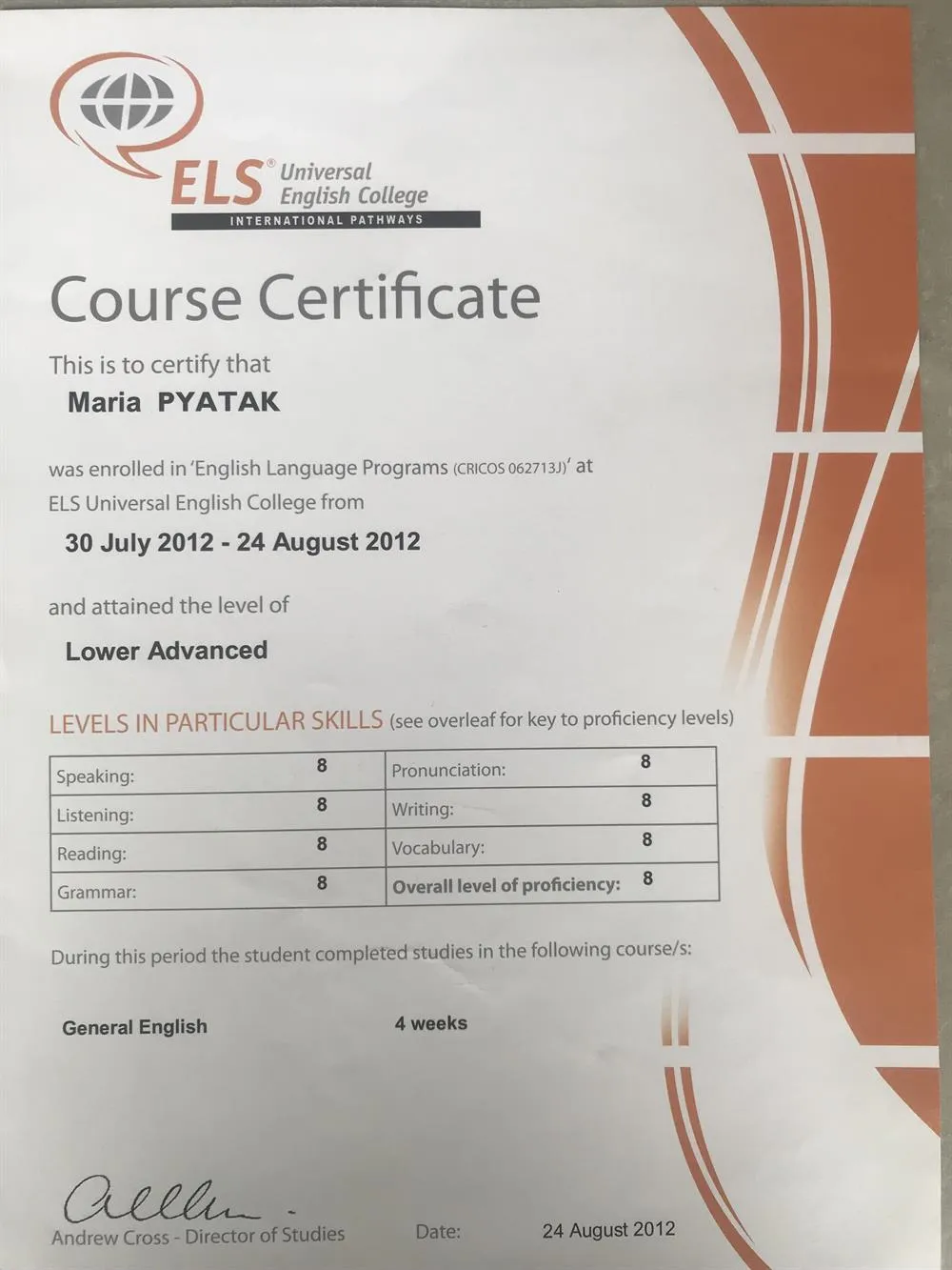 Course Certificate ELS (Sydney)