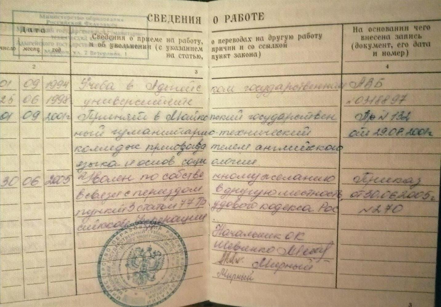 Копия трудовой книжки о работе в колледже МГГТК АГУ