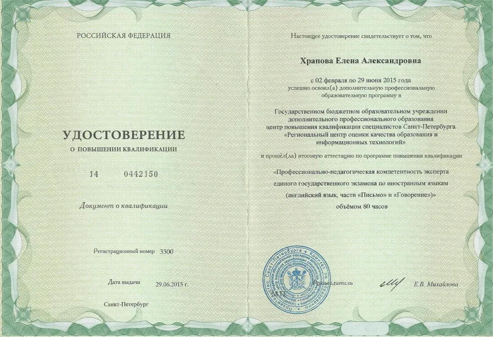 Удостоверение о повышении квалификации