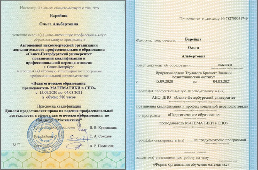 Диплом о профессиональной переподготовке Математика