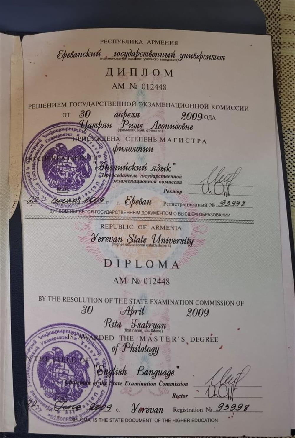 Диплом магистра филологии