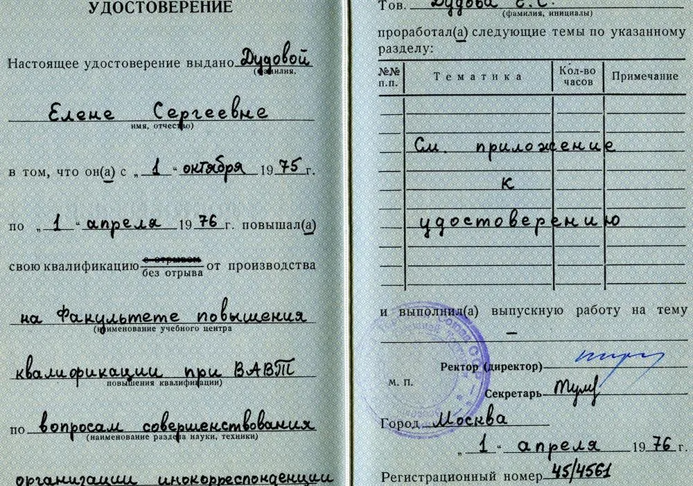 Диплом об окончании факультета повышения квалификации при ВАВТ