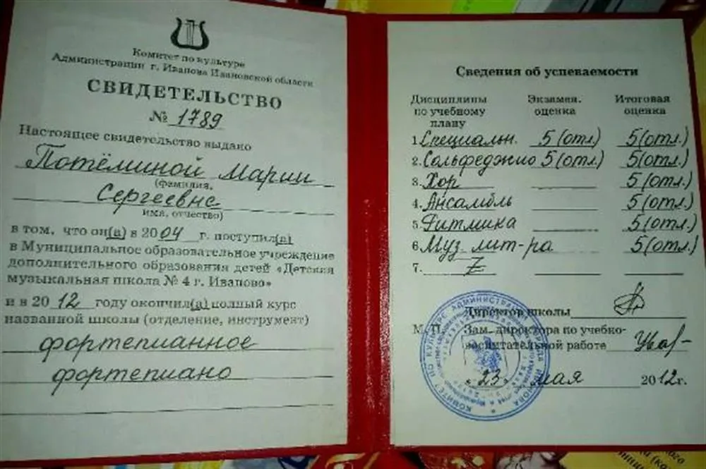 Диплом об окончании музыкальной школы