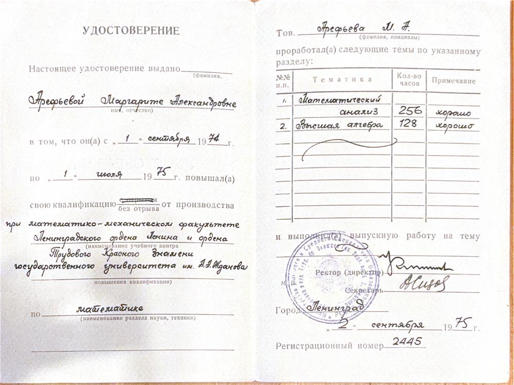 Удостоверение математический анализ