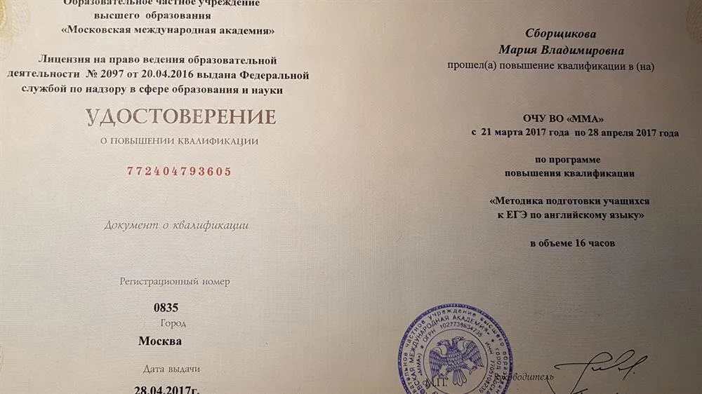 Удостоверение о повышении квалификации