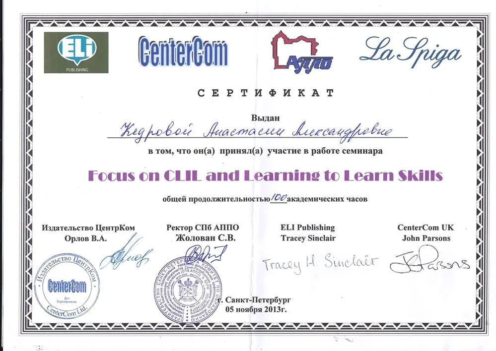 Сертификат о прохождении семинара : "Focus on CLIL and Learning to learn skills" (2013 год)