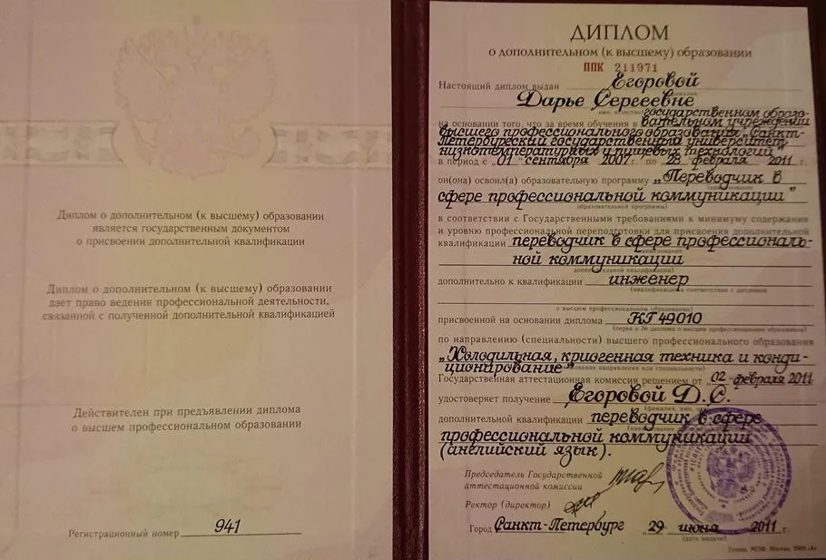 Диплом о дополнительном высшем образовании по специальности "Переводчик в сфере профессиональной коммуникации"  