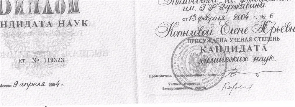 Диплом кандидата химических наук