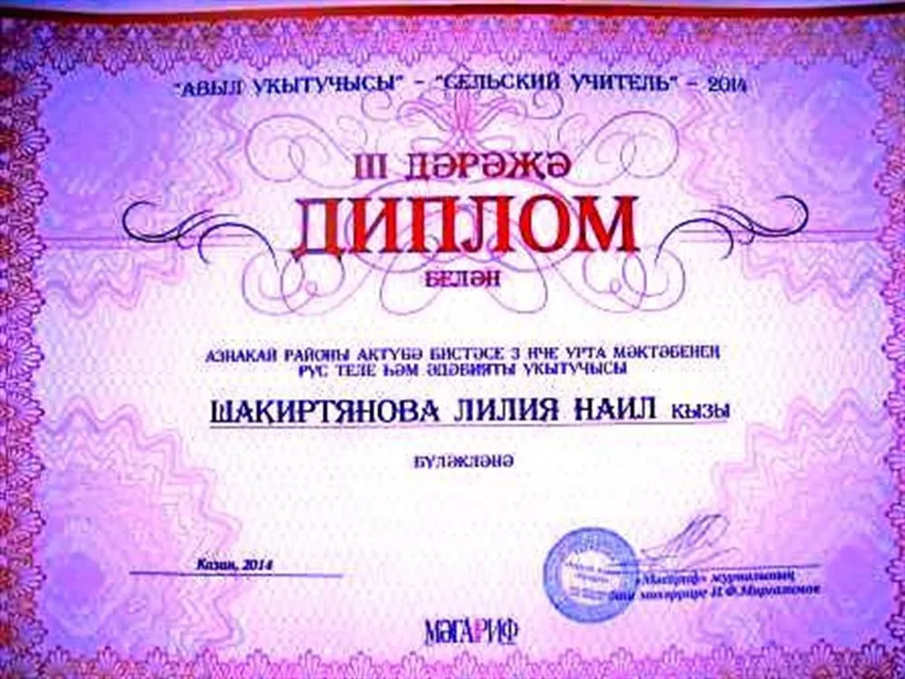 Диплом 3 степени Всероссийского конкурса "Сельский учитель-2014", Казань