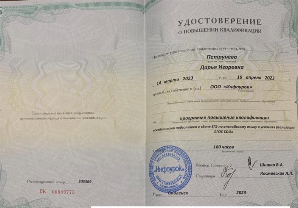 Удостоверение о повышении квалификации 