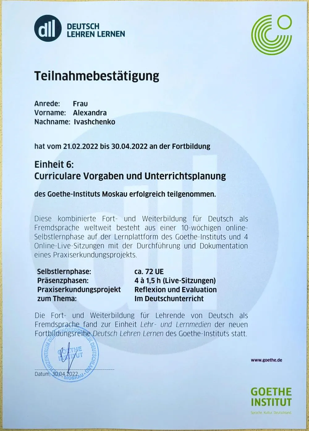 DLL 6: Curriculare Vorgaben und Unterrichtsplanung, Goethe-Institut Moskau 2022