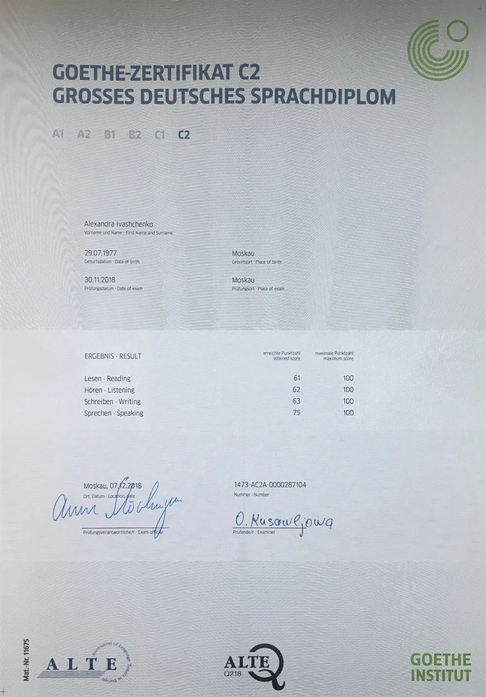 Goethe-Zertifikat C2 2018