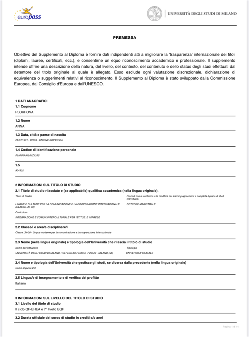 Первая страница диплома об окончании магистратуры в Миланском университете 