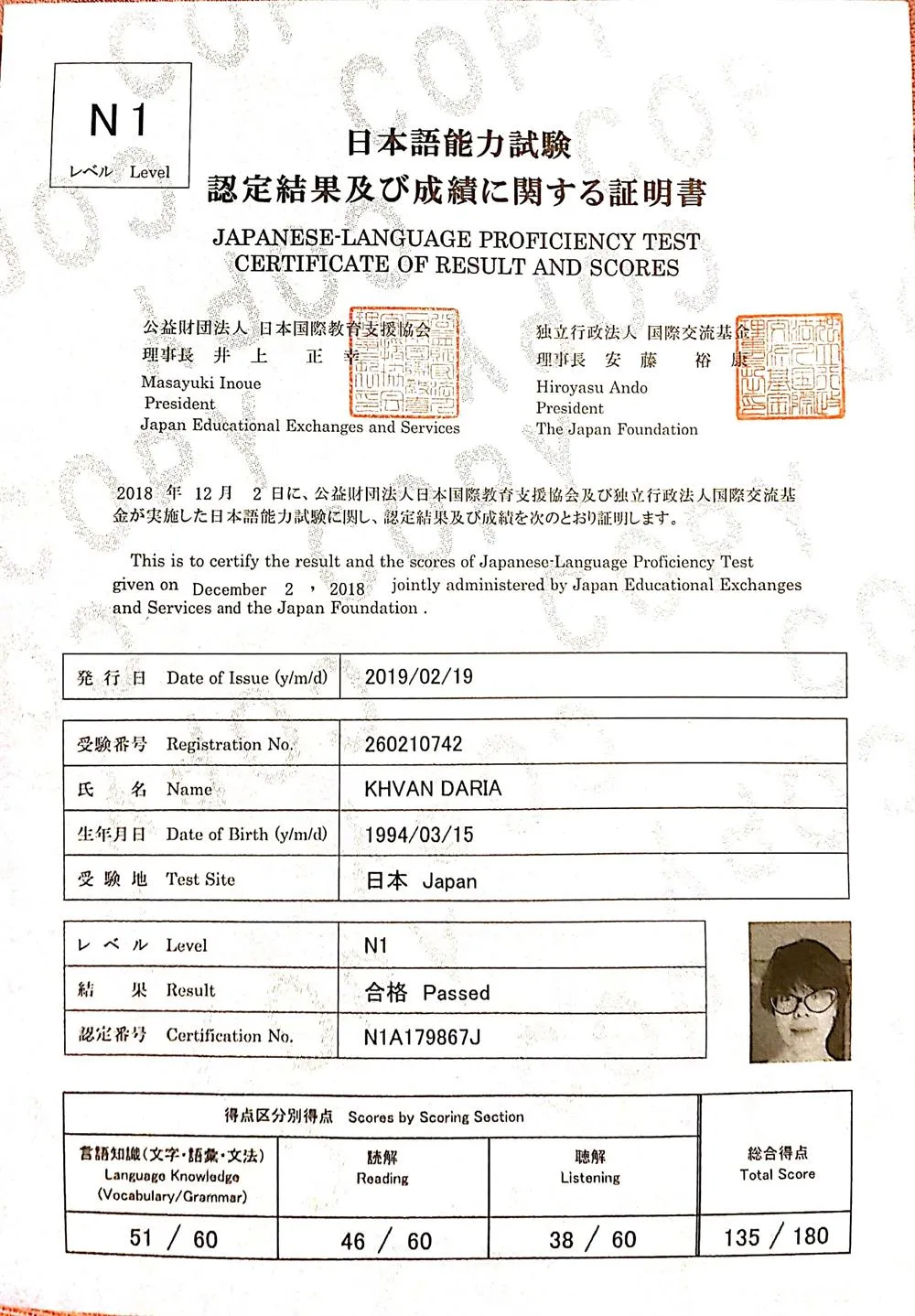 Сертификат JLPT N1