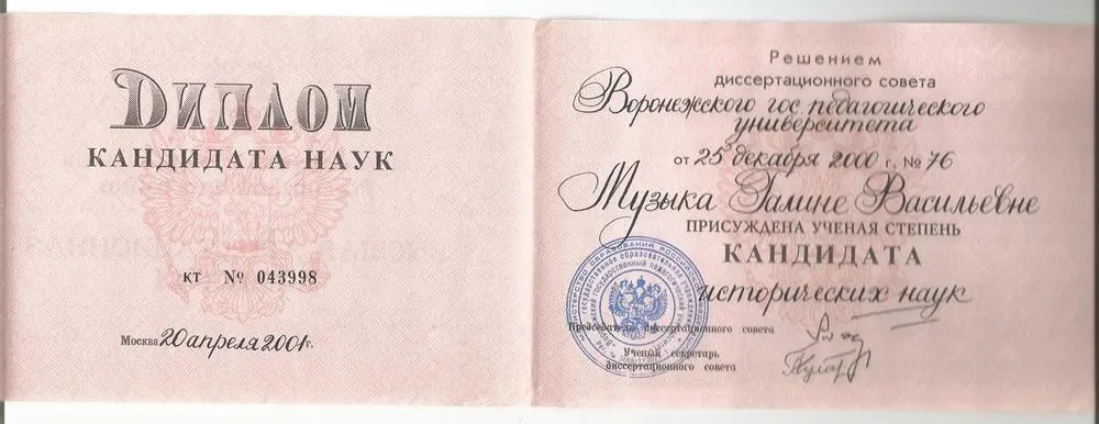 Диплом кандидата исторических наук