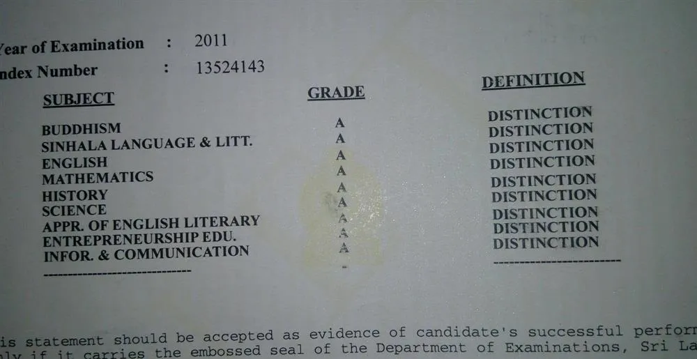 Сертификат GCE O/L conducted by Department of Education of Sri Lanka