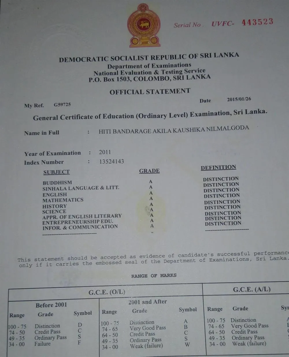 Сертификат GCE O/L conducted by Department of Education of Sri Lanka