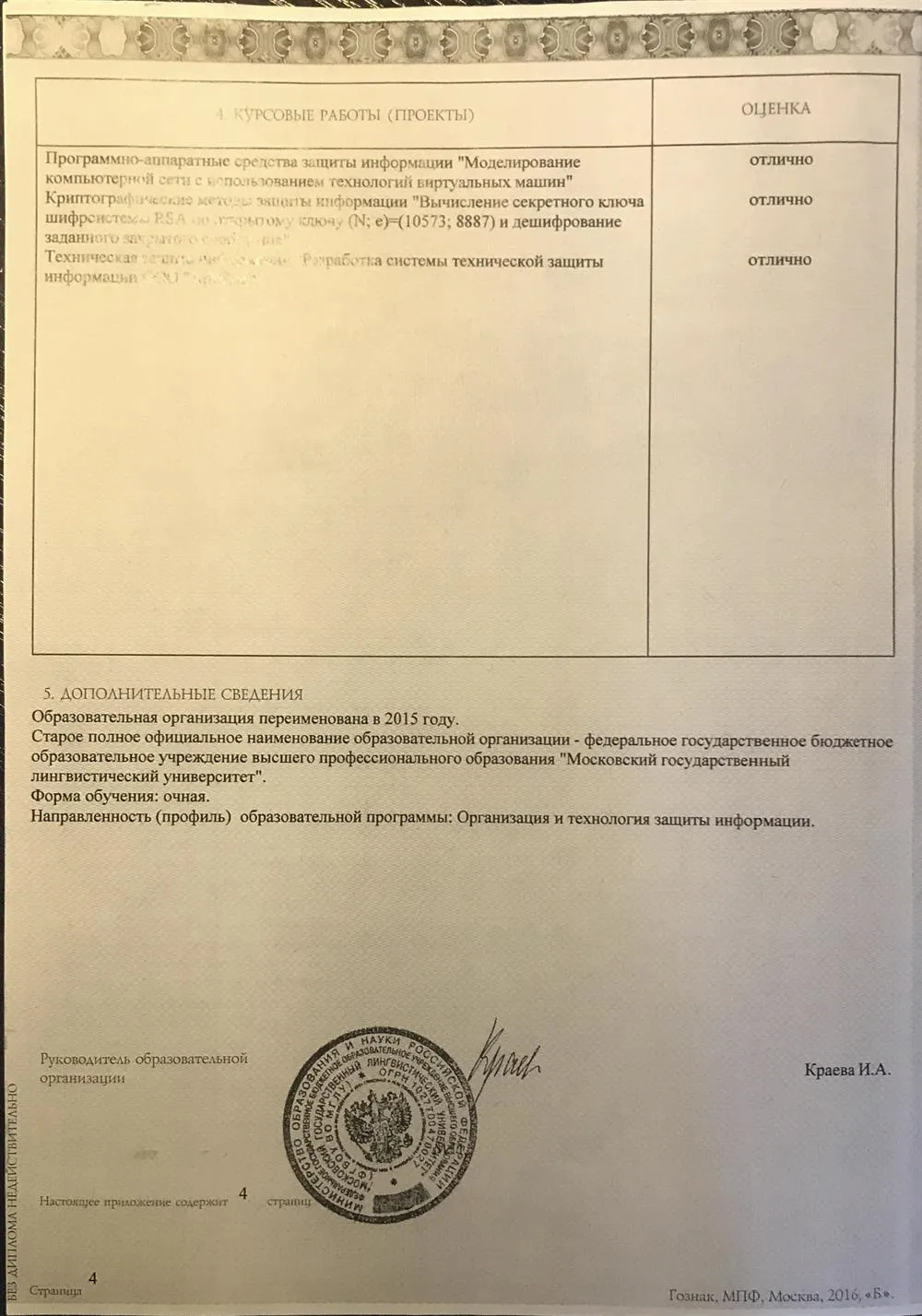 Приложение к диплому бакалавра лист №4