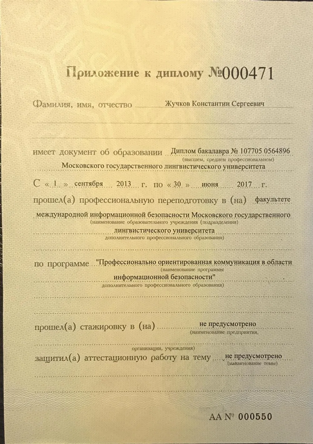 Приложение к диплому о профессиональной переподготовке лист №1
