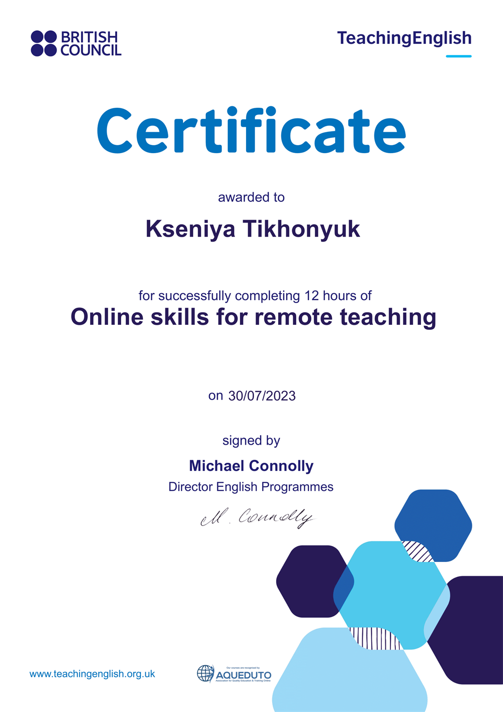 Сертификат о прохождении курса «Online skills for remote teaching»