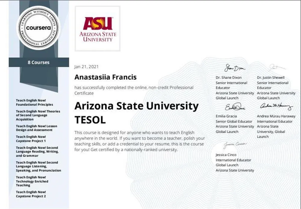 Arizona State University TESOL  (Teaching English to Speakers of Other Languages)
