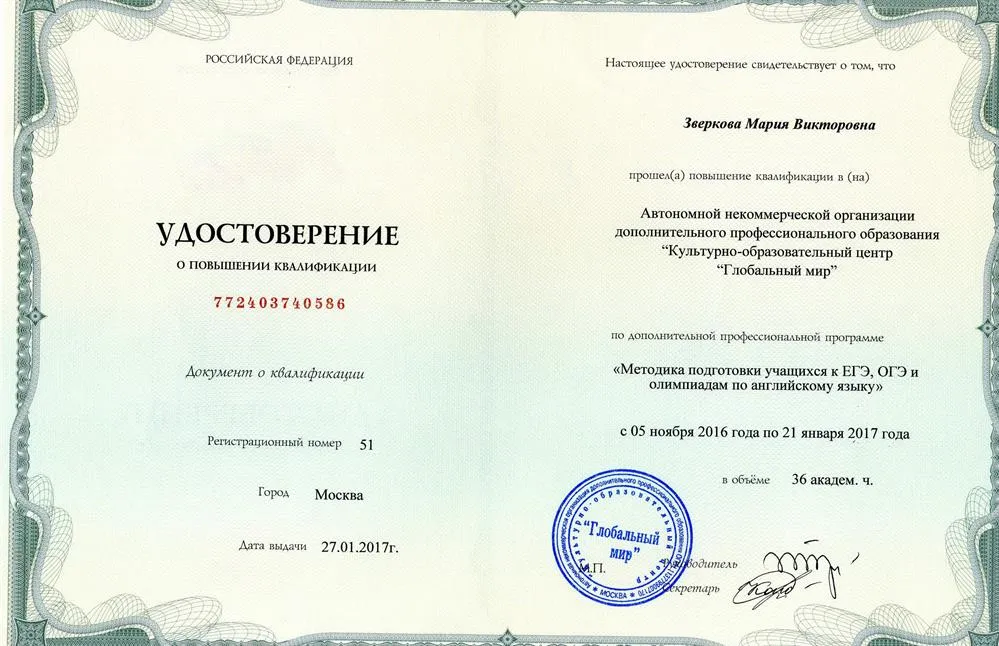 Удостоверение о повышении квалификации