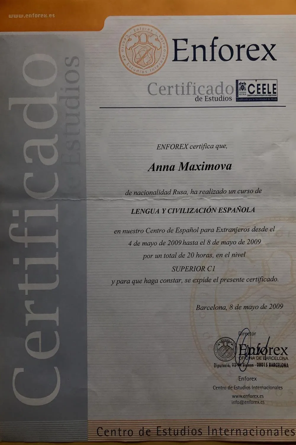 Cертификат Международного центра изучения испанского языка Enforex