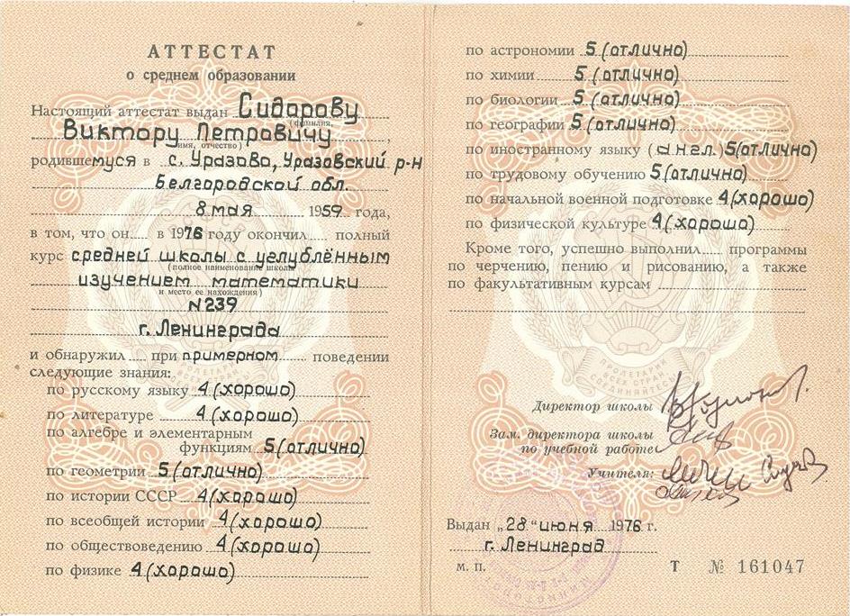 Аттестат о среднем образовании Виктора Петровича Сидорова