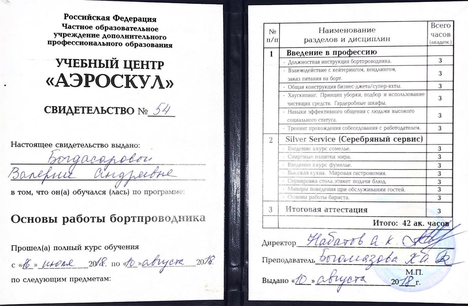 Свидетельство «Основы работника бортпроводника»