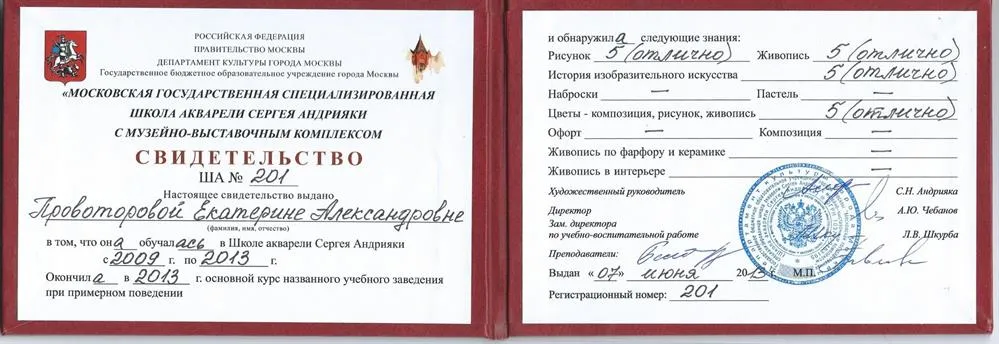 Московская Государственная Специализированная Школа Акварели Сергея Андрияки. Свидетельство