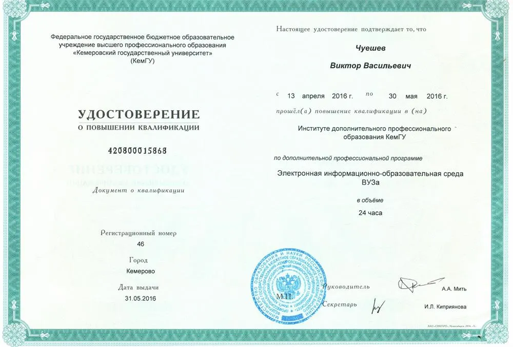 Удостоверение о повышении квалификации