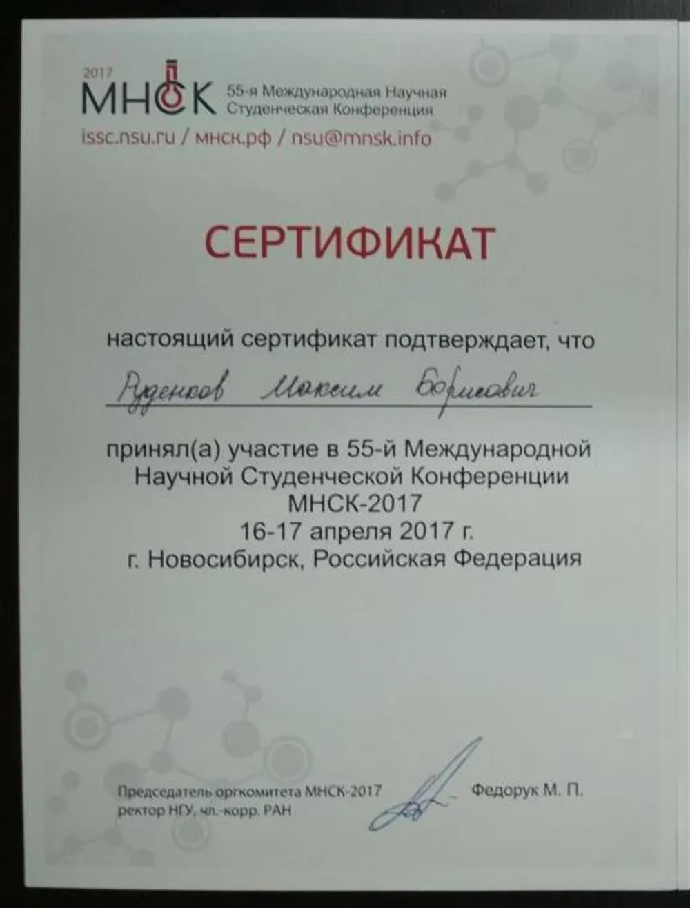 Сертификат участника международной научной конференции в НГУ (Новосибирск, 2017)