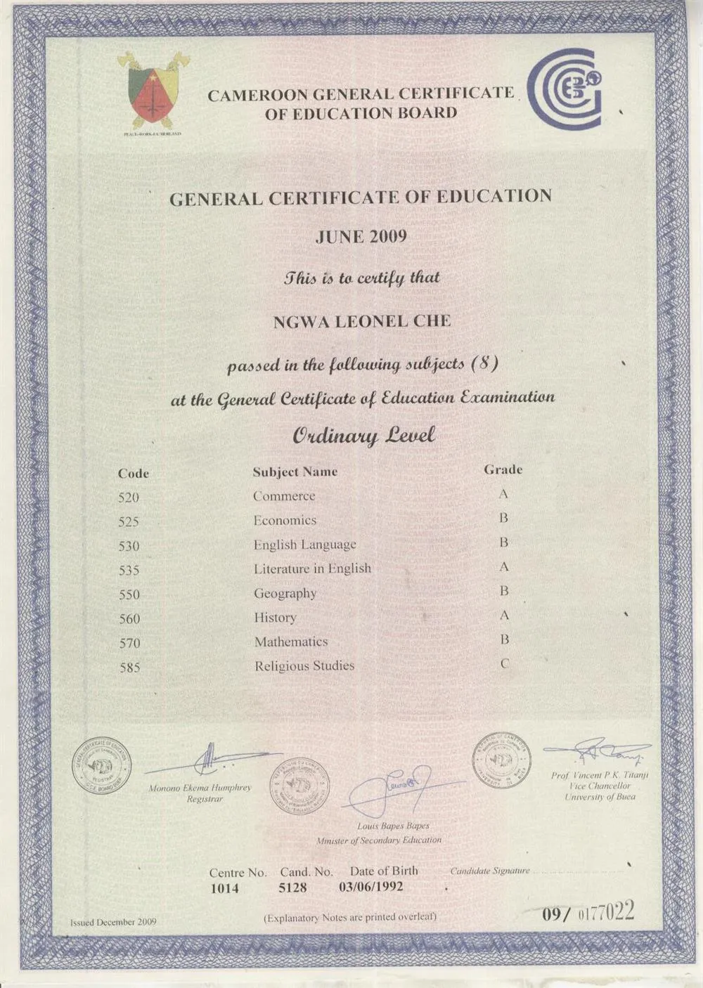 Certificate of secondary education