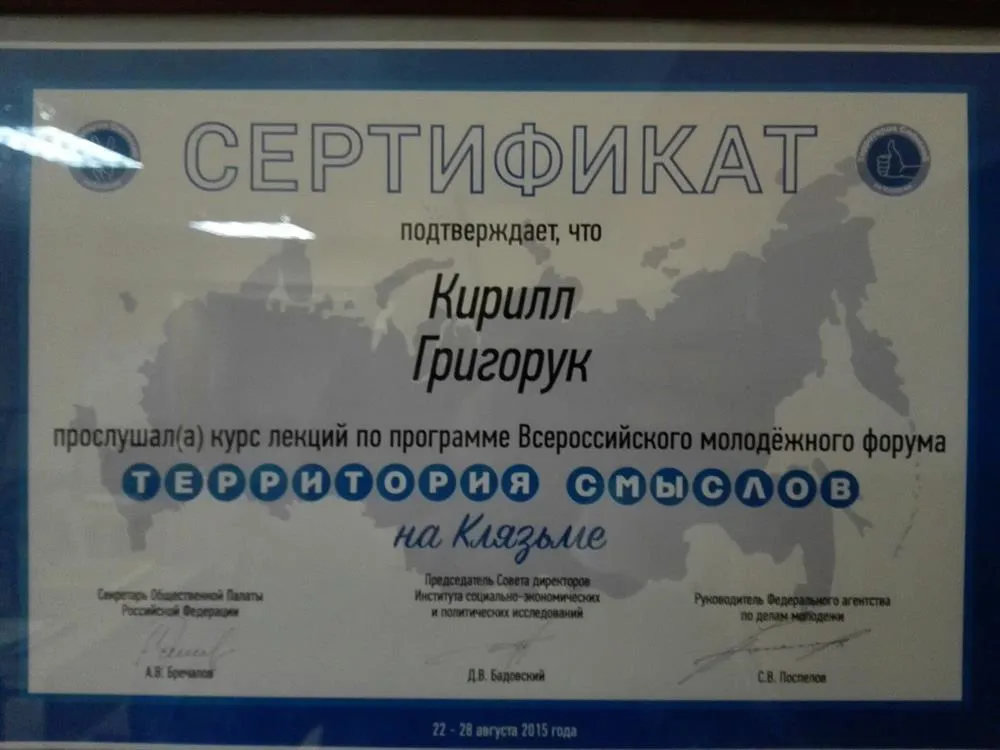 Сертификат участника "Территории смыслов" для молодых преподавателей и ученых России. 