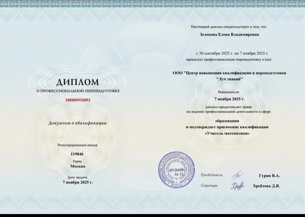 Диплом о профессиональной переподготовке, квалификация учитель математики  
