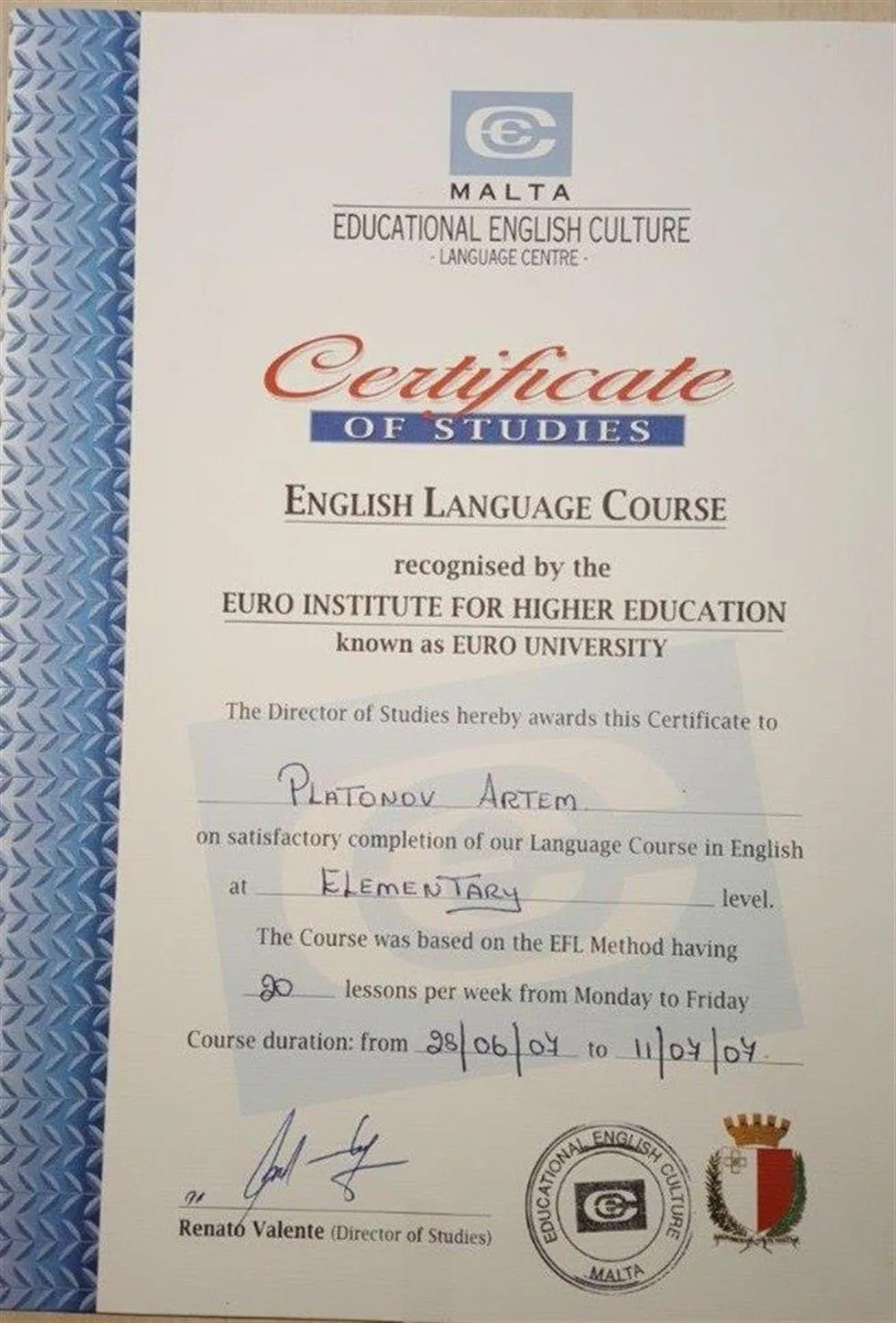 Malta summer courses in 2007 