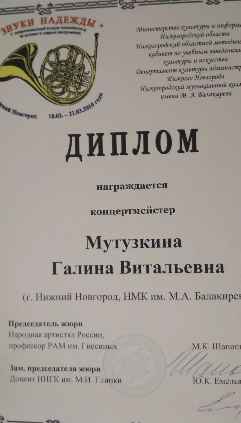 Диплом V Межрегионального конкурса исполнителей на духовых и ударных инструментах