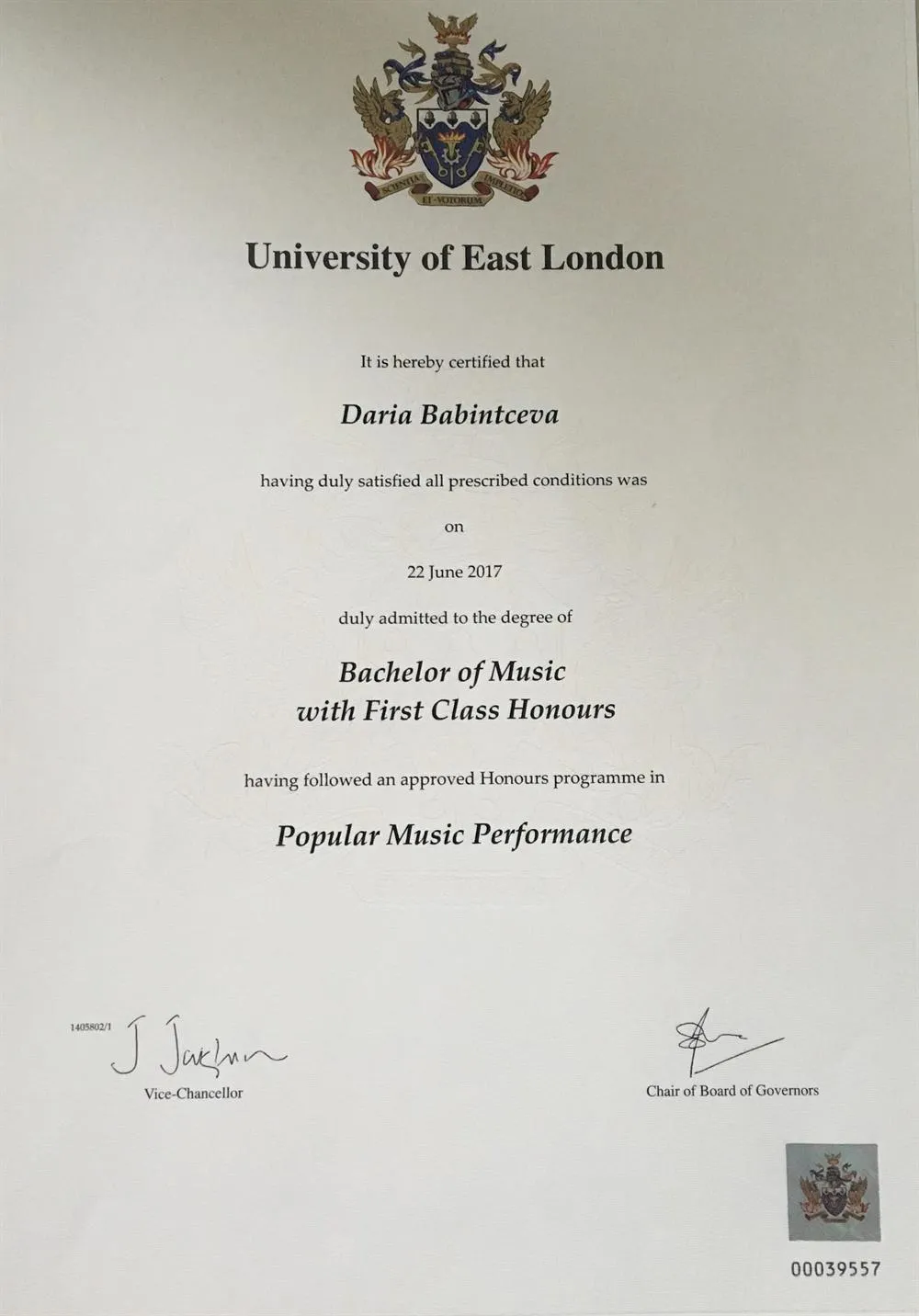 Bachelor of Music with First Class Honours