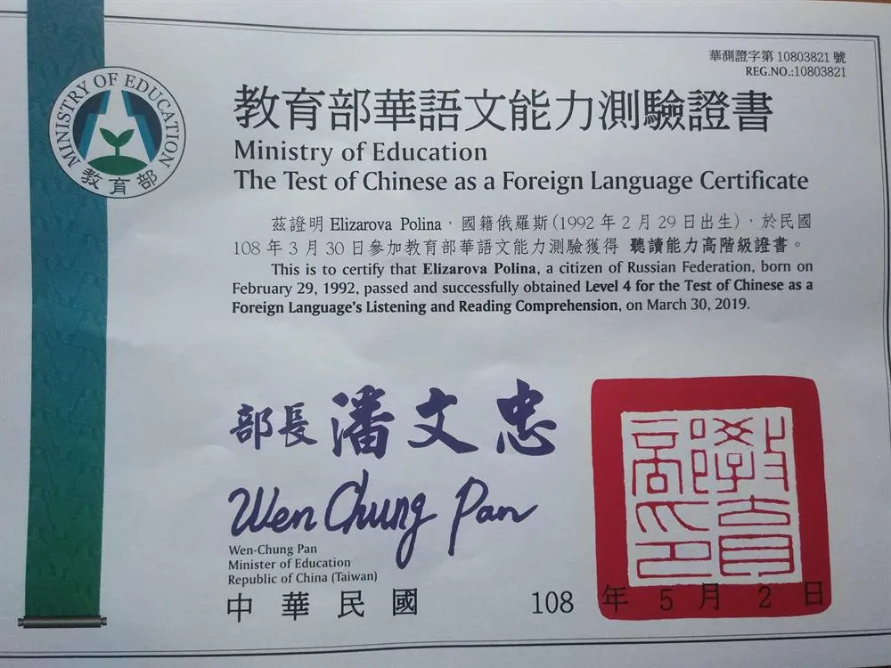 Сертификат экзамена TOCFL (Test of Chinese as a Foreign Language)