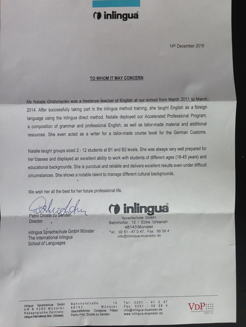 Рекомендательное письмо от компании  Inlingua Германия