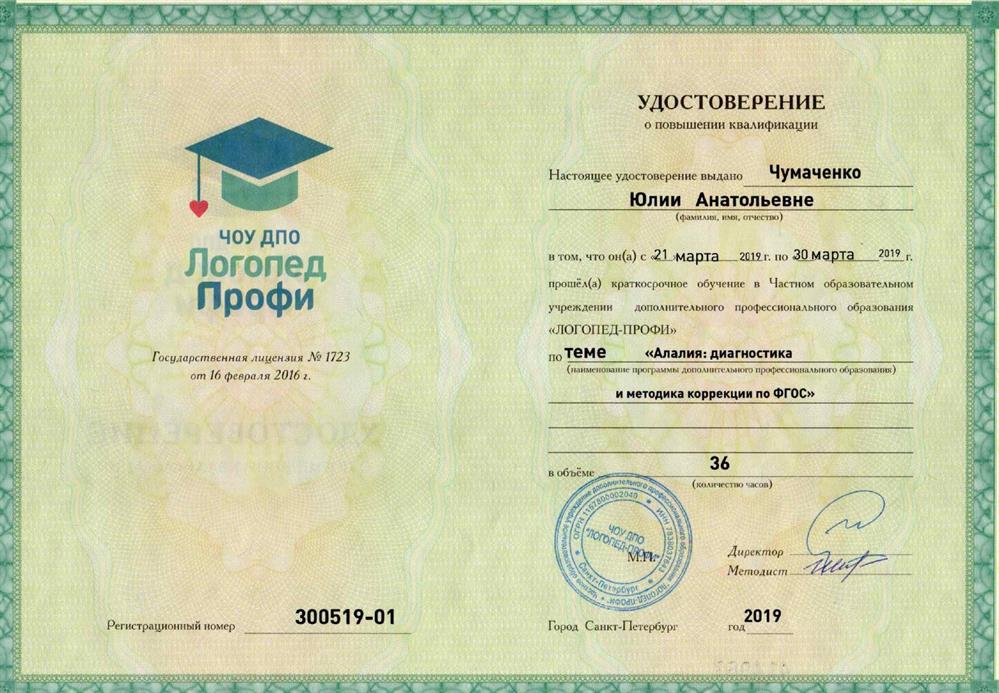 Удостоверение - ЧОУ ДПО ЛОГОПЕД ПРОФИ "Алалия: диагностика и методика коррекции по ФГОС"