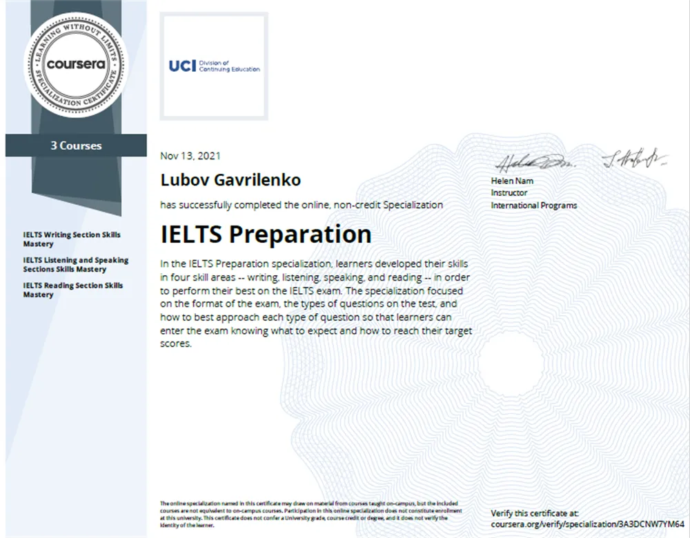  Сертификат " IELTS Preparation".