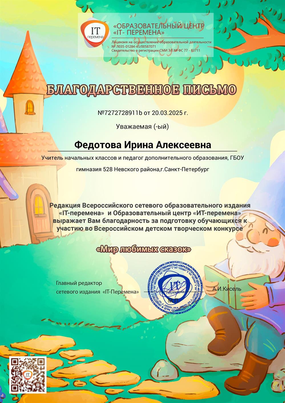 Благодарственное письмо за призовые места