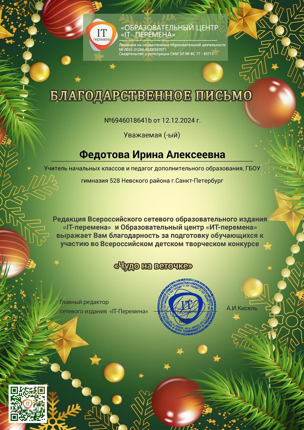 Благодарственное письмо за призовые места